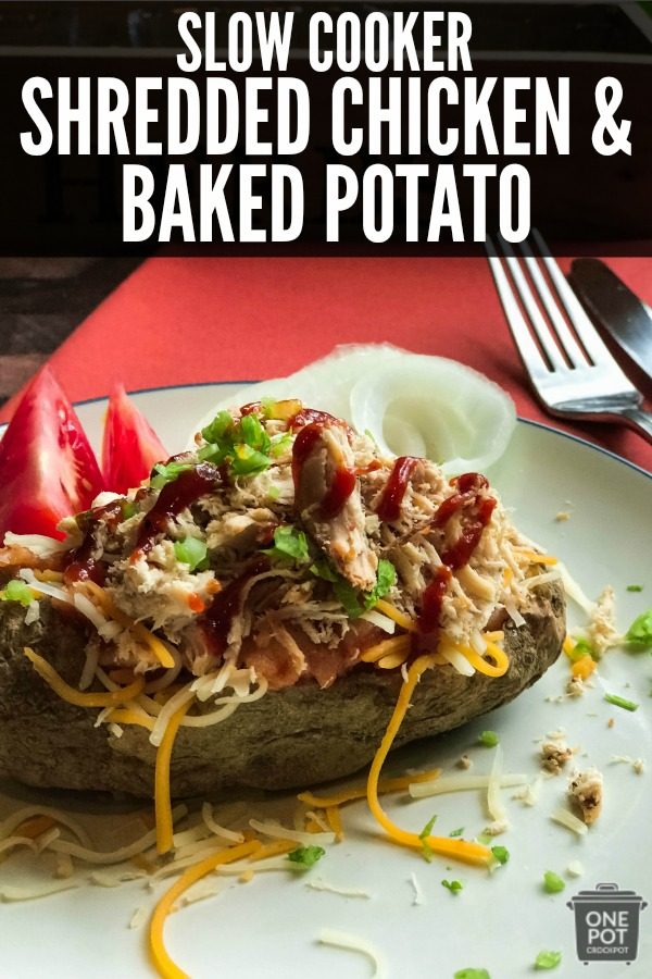  A full "meat and potatoes" meal has never been easier with this slow cooker shredded chicken with baked potato. It's easy to make and completley satisying. #slowcookershreddedchicken #slowcookingclub #crockpot #dinner