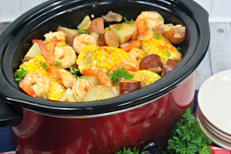slow cooker shrimp boil made in a crock pot