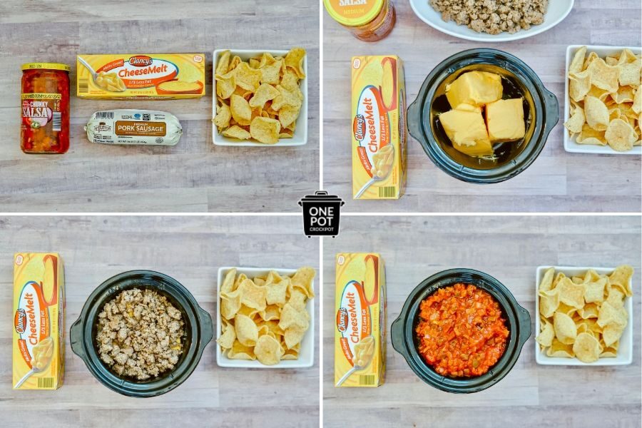 Visual step by step ingredients for crock pot queso 