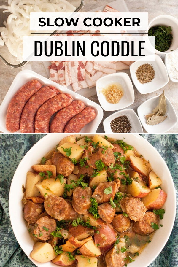 Pinterest graphic of a dublin coddle recipe cooking in slow cooker.