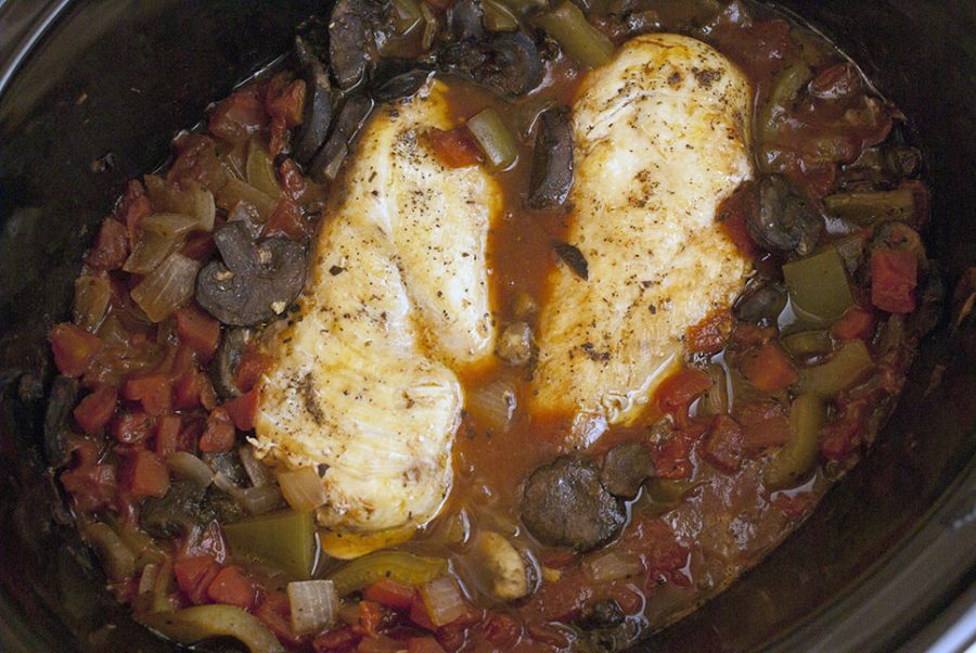 Cooked Chicken Cacciatore in a slow cooker