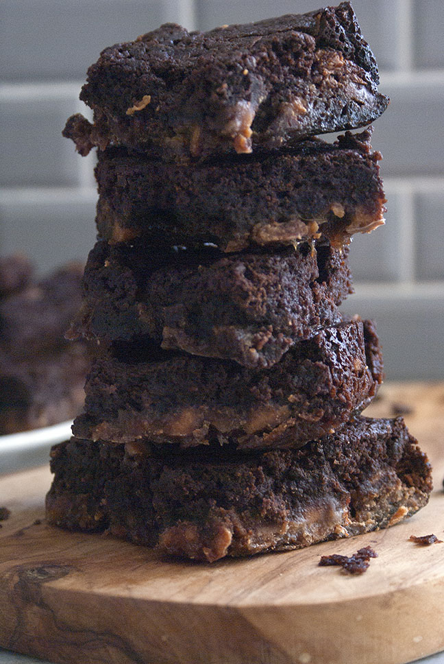 stacked crockpot brownies with peanut butter chips