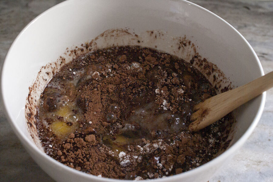 mixing bowl with brownie batter